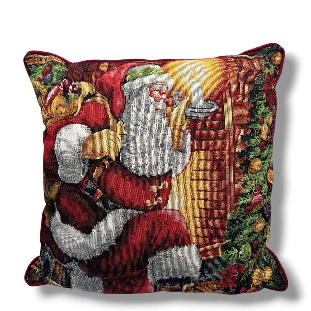 Santa Claus Christmas Tapestry Throw Pillow Red Green 17x17 Vintage Style
